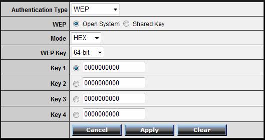 Authentication Type: The authentication type default is set to open system. There are four options: Disabled, WEP, WPA, WPA2 and WPA-Auto.