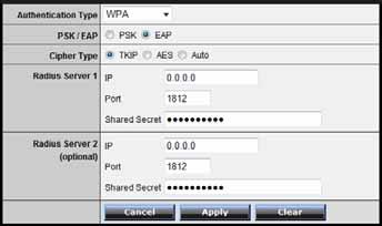 If WPA, WPA2 or WPA-Auto EAP is selected, the above screen is shown. Please set the length of the encryption key and the parameters for the RADIUS server.