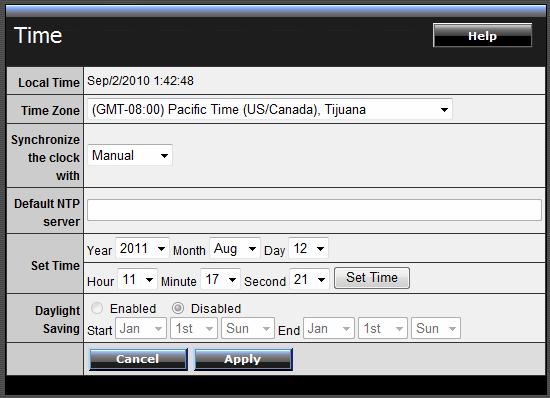 Time This function enables users to set the time and date for the WLAN Router's realtime clock, select properly time zone, and enable or disable daylight saving.