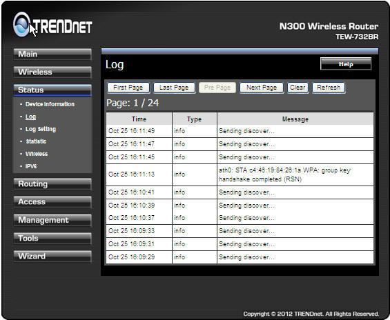 The Log screen commands are as follows: Click First Page to view the first page of the log Click Last Page to view the final page of the log Click Previous Page to view the page just before the