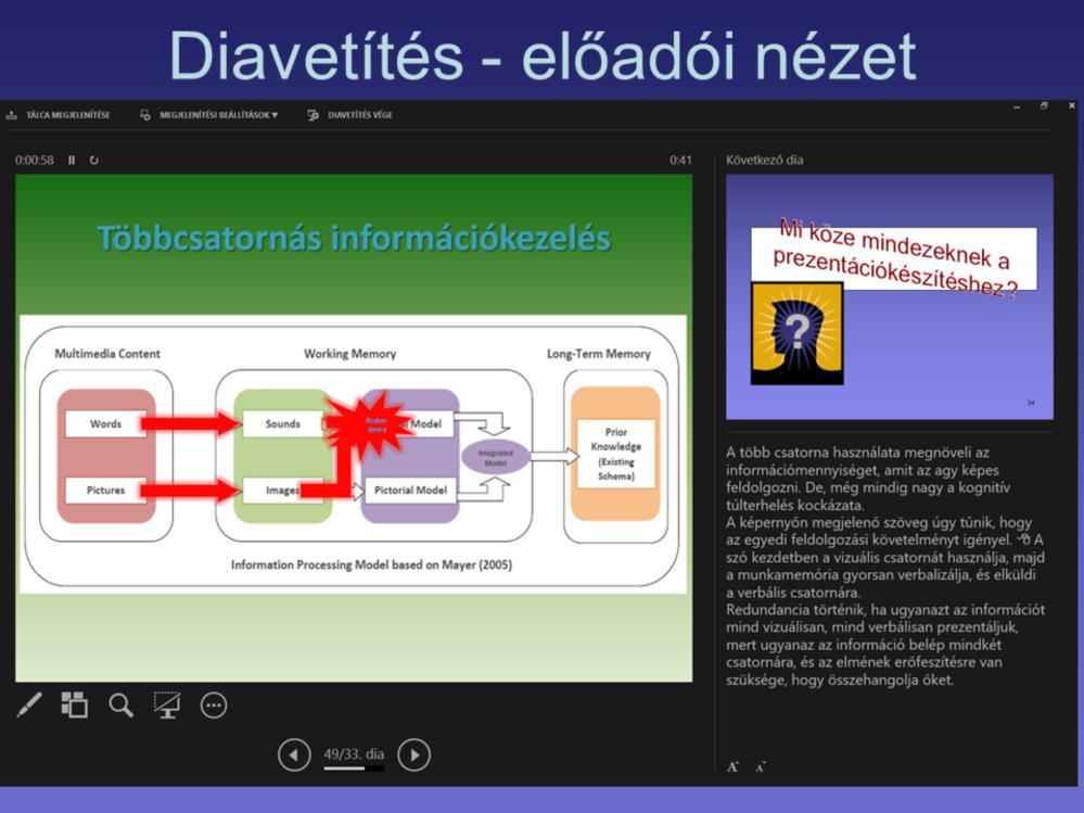 Diavetítéskor, előadói nézet használata.
