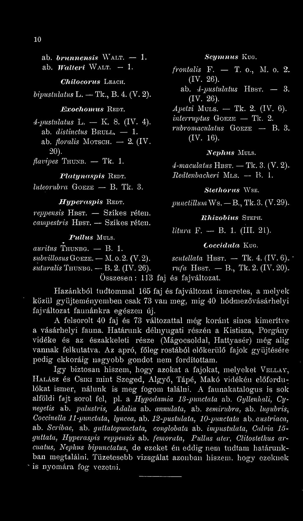 3, (IV. 16). Nephns Muls. 4-maculaius Hbst. Tk. 3. (V. 2).. Redtenbacheri Mls. B. 1, luteoruhra Gokze B. Tk. 3. Hyperaspis Redt. reppensis Hbst. Szikes réten. canipestris Hbst. Szikes réten. JPullus MULS.
