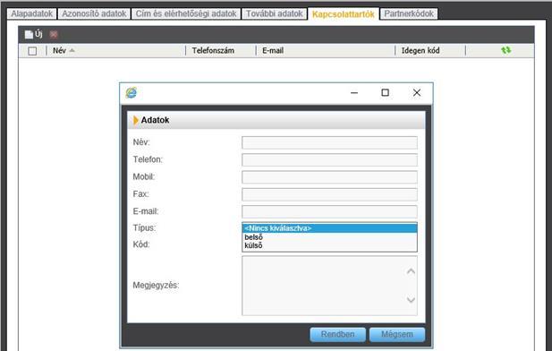 A Kapcsolattartó fülön kapcsolattartót rendelhetünk a partnerhez, amelyet
