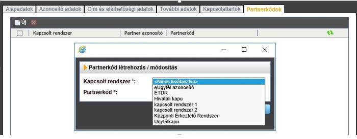 Végezetül a Partnerkódok között ellenőrizhetjük, hogy esetleges külső rendszerből (Adó, Gazdálkodás szakrendszerek, migrálás esetén a korábban használt iratkezelő rendszerből) származó