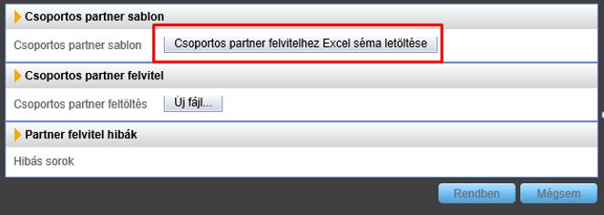 A csoportos partner felvitelhez Excel séma letöltése gombra kattintva megkezdhetjük az Excel