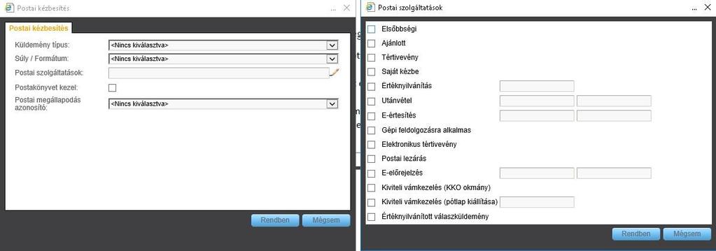 Rendszer típusa: Elektronikus kézbesítés fizikai küldés móddal ellátott iratok esetén kiválaszthatjuk, hogy melyik külső rendszert használja a program a kimenő folyamat esetén (E-mail küldés,