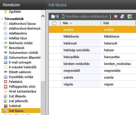 A felugró ablakban az alábbi adatokat adhatjuk meg: Név: Az irat típusának elnevezése (ez a név fog megjelenni a legördülő mezőben). Kód: Az irat típusának kódja.