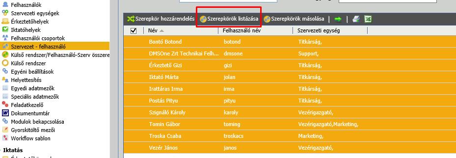 Például ha még van iktatásra váró feladata és megkíséreljük az "Iktató" szerepkör megvonását, akkor a rendszer egy hibaüzenettel fog