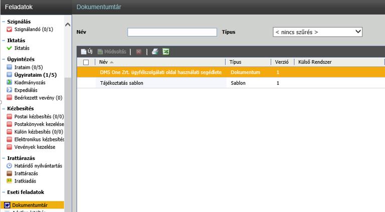 A dokumentumtár menüpontban a dokumentumsablon előállítás funkció során alkalmazható sablonokat, ill. a közzétett dokumentumokat tekinthetjük meg.