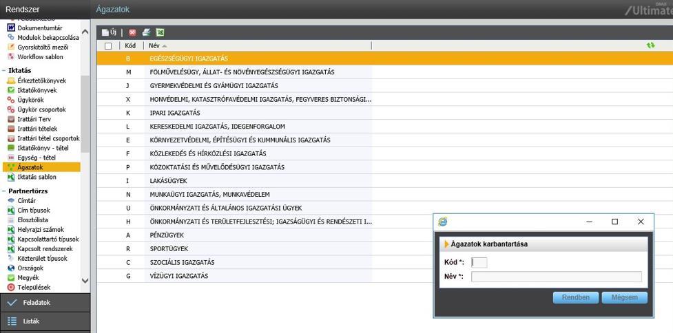 A felugró ablakban megadhatjuk az ágazat kódját és elnevezését (az irattári jelben az ágazat kódja jeleníthető meg).