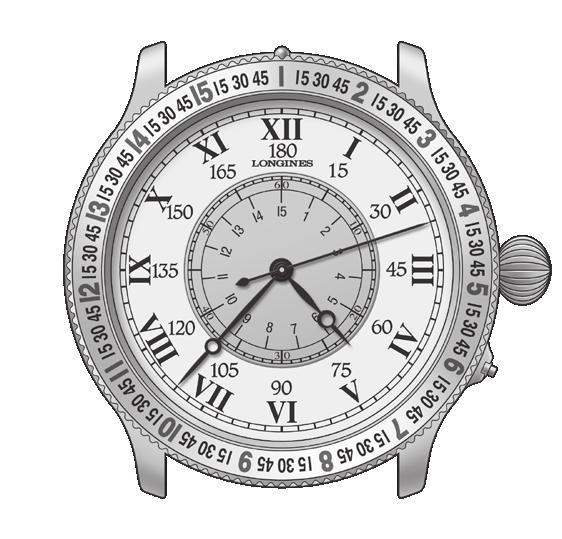 Automata karórák L699 THE LINDBERGH HOUR ANGLE WATCH 443 A téridő számlap és működése A The Lindbergh Hour Angle Watch-ot az alapján tervezték, hogy a föld 24 óra alatt 360 -ot, 12 óra alatt 180 -ot,