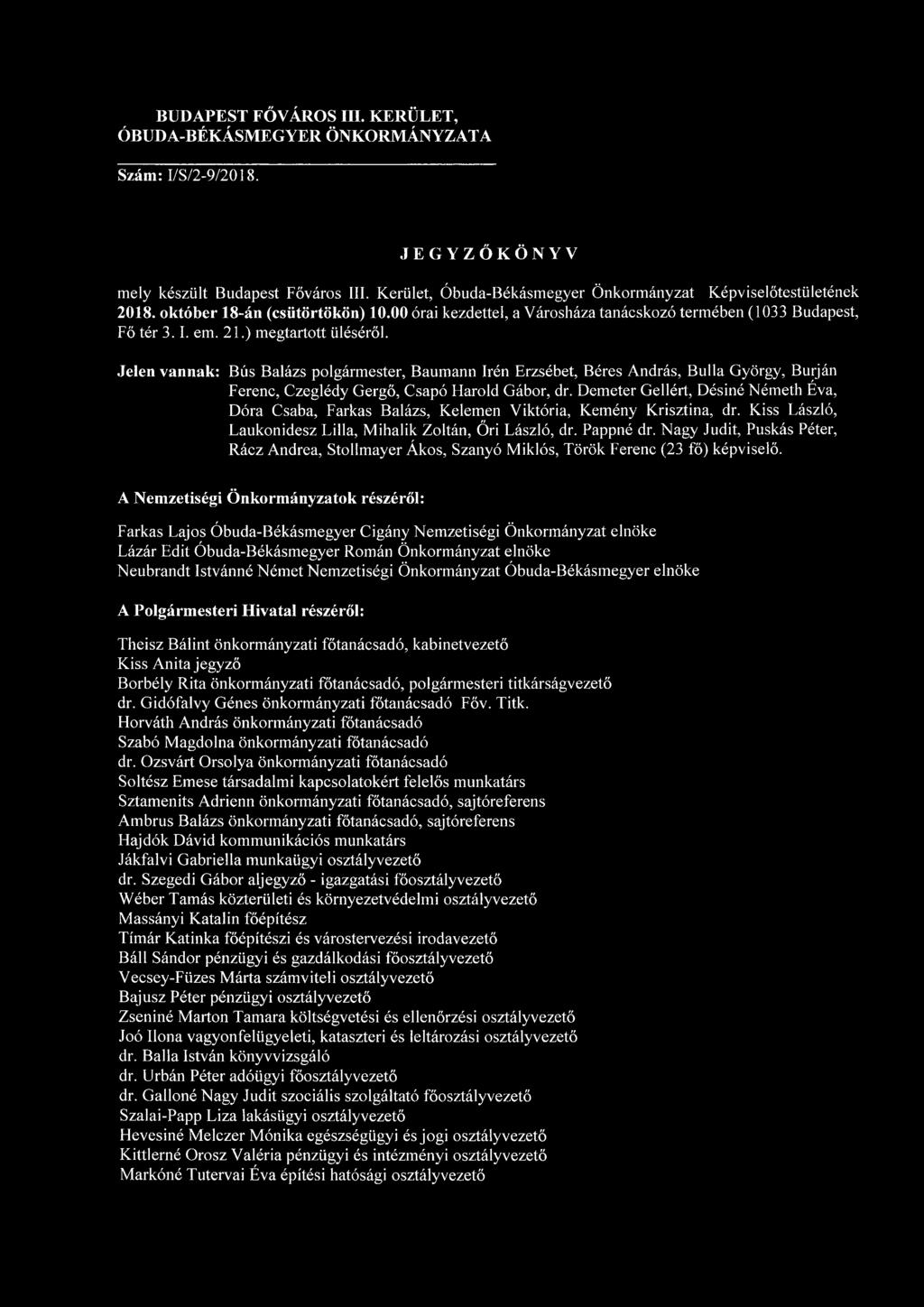 Jelen vannak: Bús Balázs polgármester, Baumann Irén Erzsébet, Béres András, Bulla György, Burján Ferenc, Czeglédy Gergő, Csapó Harold Gábor, dr.