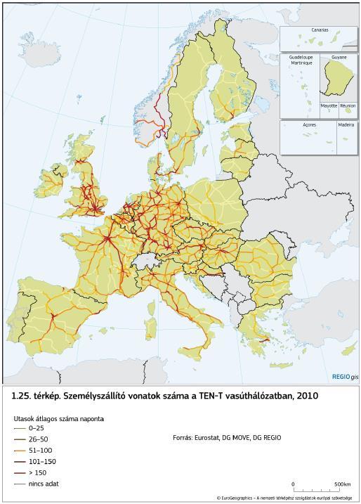 A személyszállító vonatok száma a TEN-T vasúthálózaton, 2010