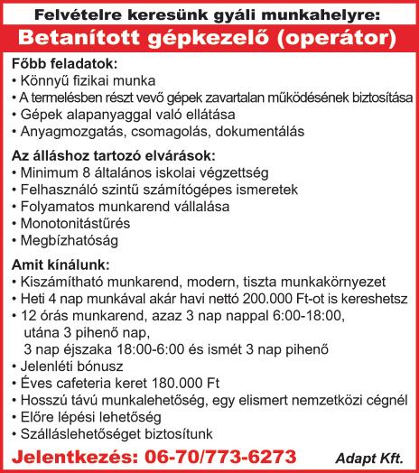 DOBOSSY-BAU KFT keres kőműveseket, ácsokat és segédmunkásokat azonnali kezdéssel. +36 20 244 1350 BÉRES Gumi Kft. kecskeméti telephelyére éjjeliőrt keres. Fényképes önéletrajzokat a attila.