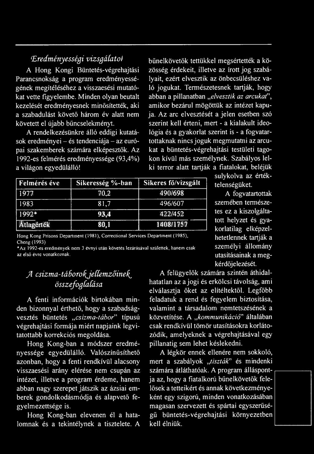 A rendelkezésünkre álló eddigi kutatások eredményei - és tendenciája - az európai szakemberek számára elképesztők. Az 1992-es felmérés eredményessége (93,4%) a világon egyedülálló!
