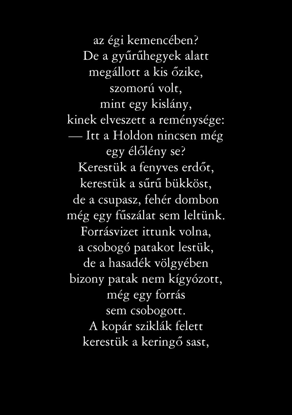 az égi kemencében? De a gyűrűhegyek alatt megállóit a kis őzike, szomorú volt, mint egy kislány, kinek elveszett a reménysége: Itt a Holdon nincsen még egy élőlény se?