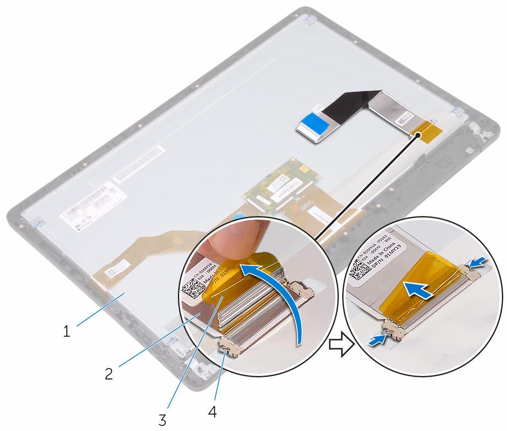 2 Nyomja le a reteszt, és a kijelzőkábelt csatlakoztassa le a kijelző szerkezetről.