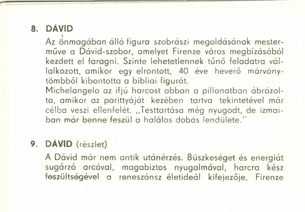 8. DÁVID Az Önmagában álló figura szobrászi megoldásának mesterműve a Dávid-szobor, amelyet Firenze város megbízásából kezdett el faragni, Szinte lehetetlennek tűnő feladatra vállalkozott, amikor egy