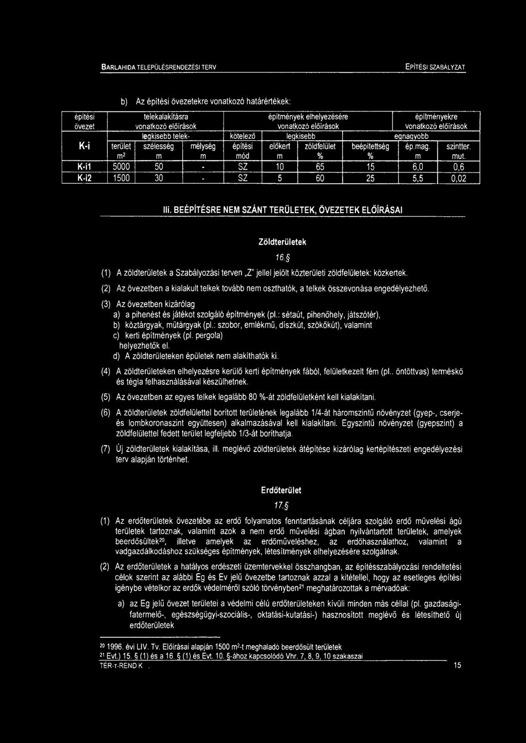 BEÉPÍTÉSRE NEM SZÁNT TERÜLETEK, ÖVEZETEK ELŐÍRÁSAI Zöldterületek (1) A zöldterületek a Szabályozási terven Z" jellel jelölt közterületi zöldfelületek: közkertek.
