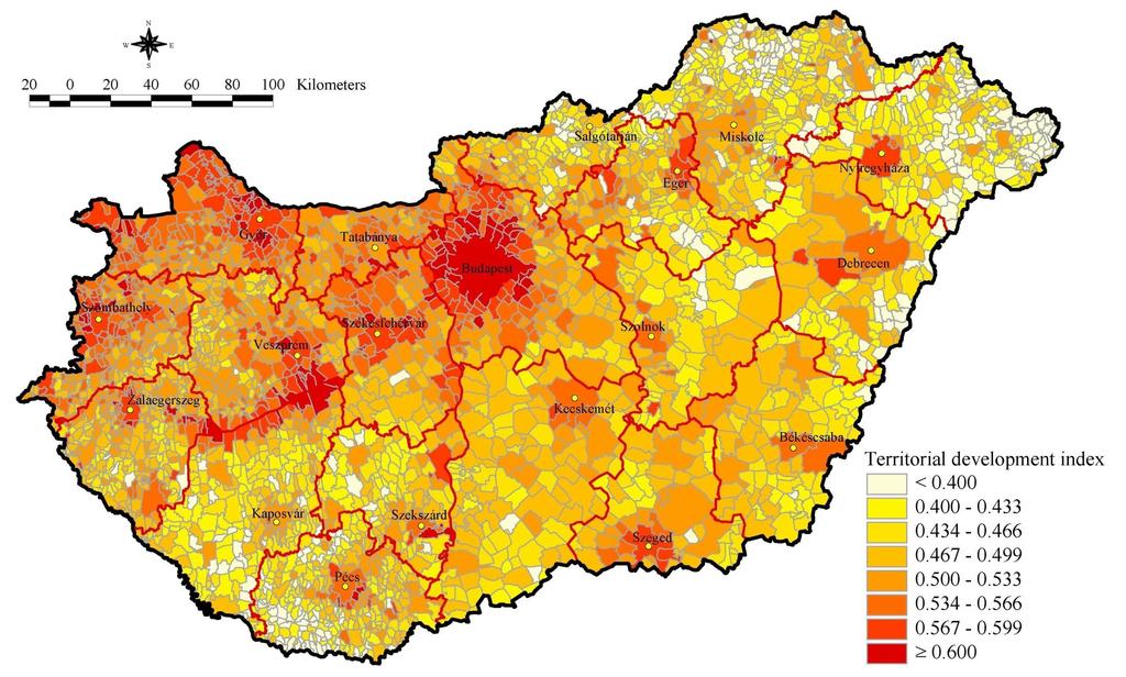 A lehatárolás eredménye Magyarország térszerkezete a területi fejlettségi index alapján