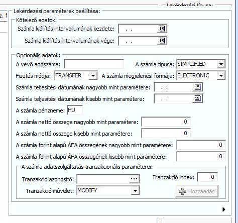 NAV online számla interface Válasszuk ki a Lekérdezés számla paraméterekkel opciót. Ekkor megjelenik egy ablak, ahol a kívánt lekérdezés paramétereit vihetjük be (21. kép).