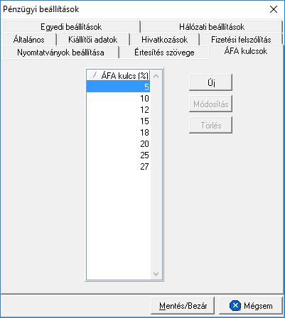 Beállítások A menüpontban használható funkciók: az Új gombbal egy új ÁFA kulcs vihető fel a rendszerbe.