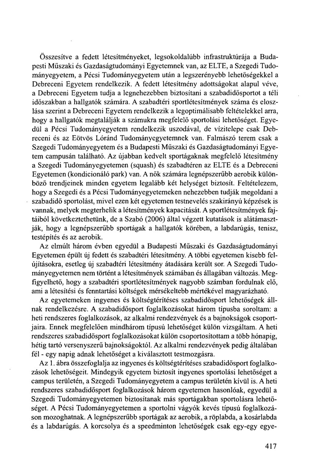 Összesítve a fedett létesítményeket, legsokoldalúbb infrastruktúrája a Budapesti Műszaki és Gazdaságtudományi Egyetemnek van, az ELTE, a Szegedi Tudományegyetem, a Pécsi Tudományegyetem után a