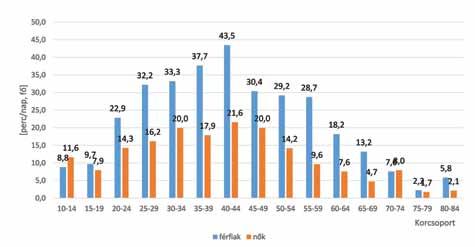 4. ábra: Gépkocsi/motoros közlekedés időtartama [perc/nap, fő] a 10-84 éves népességben korcsoportok és nemek szerint, 2009/10 Érdemes még a 4.
