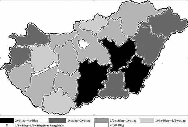 Látható, hogy az átlagot meghaladó kerékpárhasználati idő kizáró- többi, dombvidéki-hegyvidéki megyéje az átlagos idő és annak a negyede közötti idősávba került.