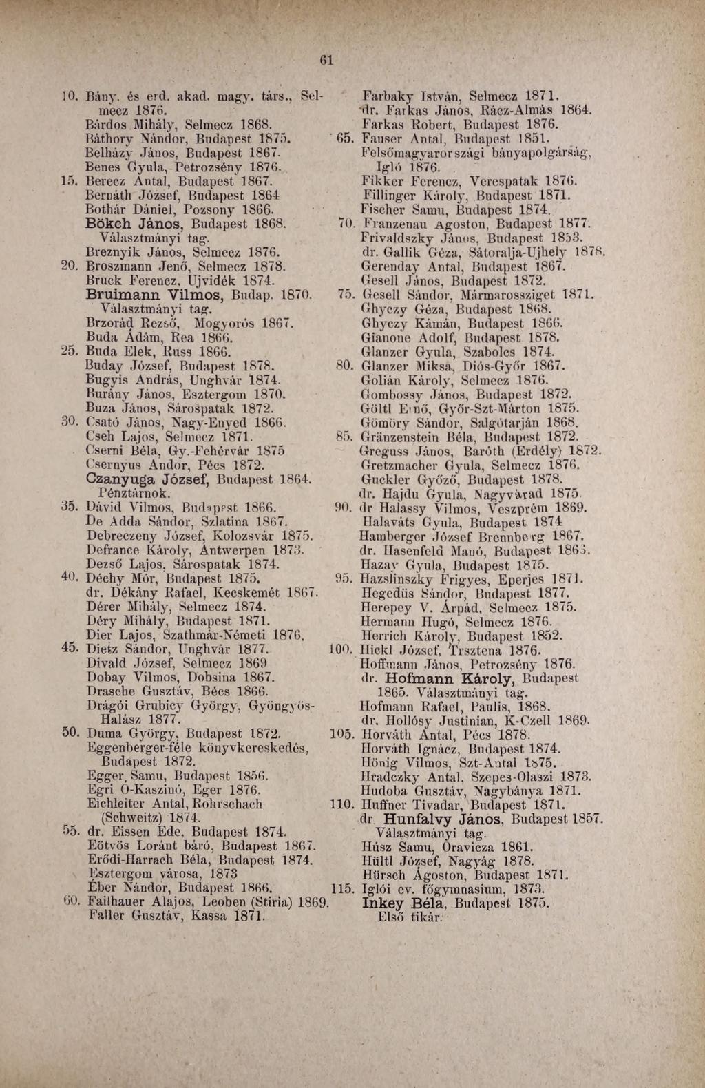 10. Bány. és erei. akad. rnagv. társ., Selmecz 1876. Bárdos Mihály, Selmecz 1868. Báthory Nándor, Budapest 1875. Belházy János, Budapest Benes Gyula, Petrozsény 1876. 15.