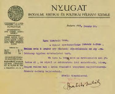 7 April 1916 Függelék/Appendix 98 Babits Mihály hivatalos levele Bartóknak. 1919. január 30. Official letter by Mihály Babits to Bartók.
