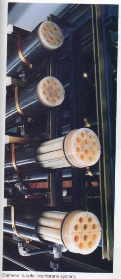 Membránmodulok 3. Cső modul (tubular system) [4] Csövek belső átmérője 10...25 mm. Csőben turbulens áramlás, áramlási sebesség 2.