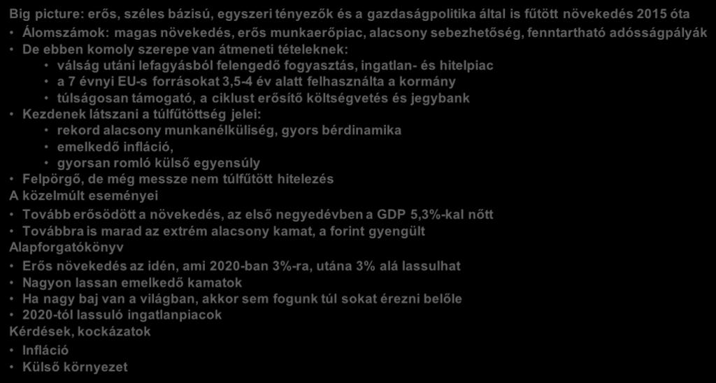 Magyarország: idén még erős, majd lassuló növekedés, alacsony sebezhetőség, de már érezhetőek a túlfűtöttség korai jelei Big picture: erős, széles bázisú, egyszeri tényezők és a gazdaságpolitika