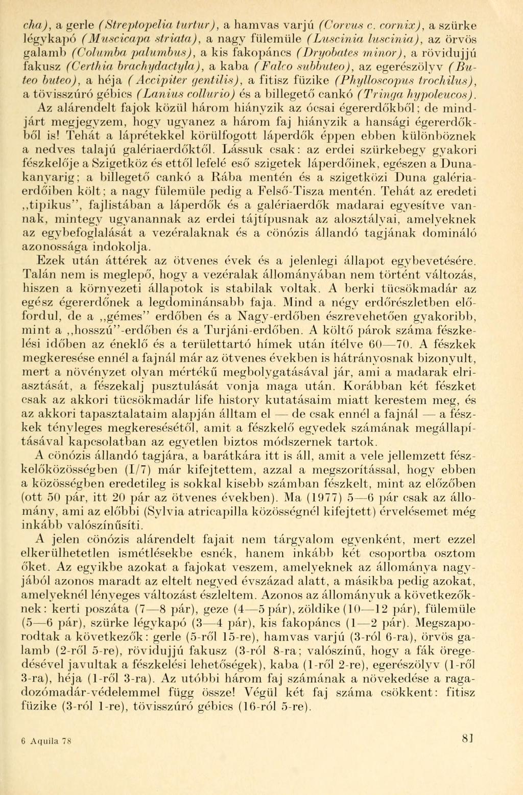 cha), a gerle (Streptopelia turtur), a hamvas varjú (Corvus c.