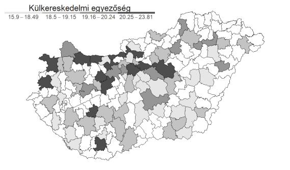 3.3. ábra. A külkereskedelem változatossága a hazai kistérségekben 2000-ben és 2011-ben.