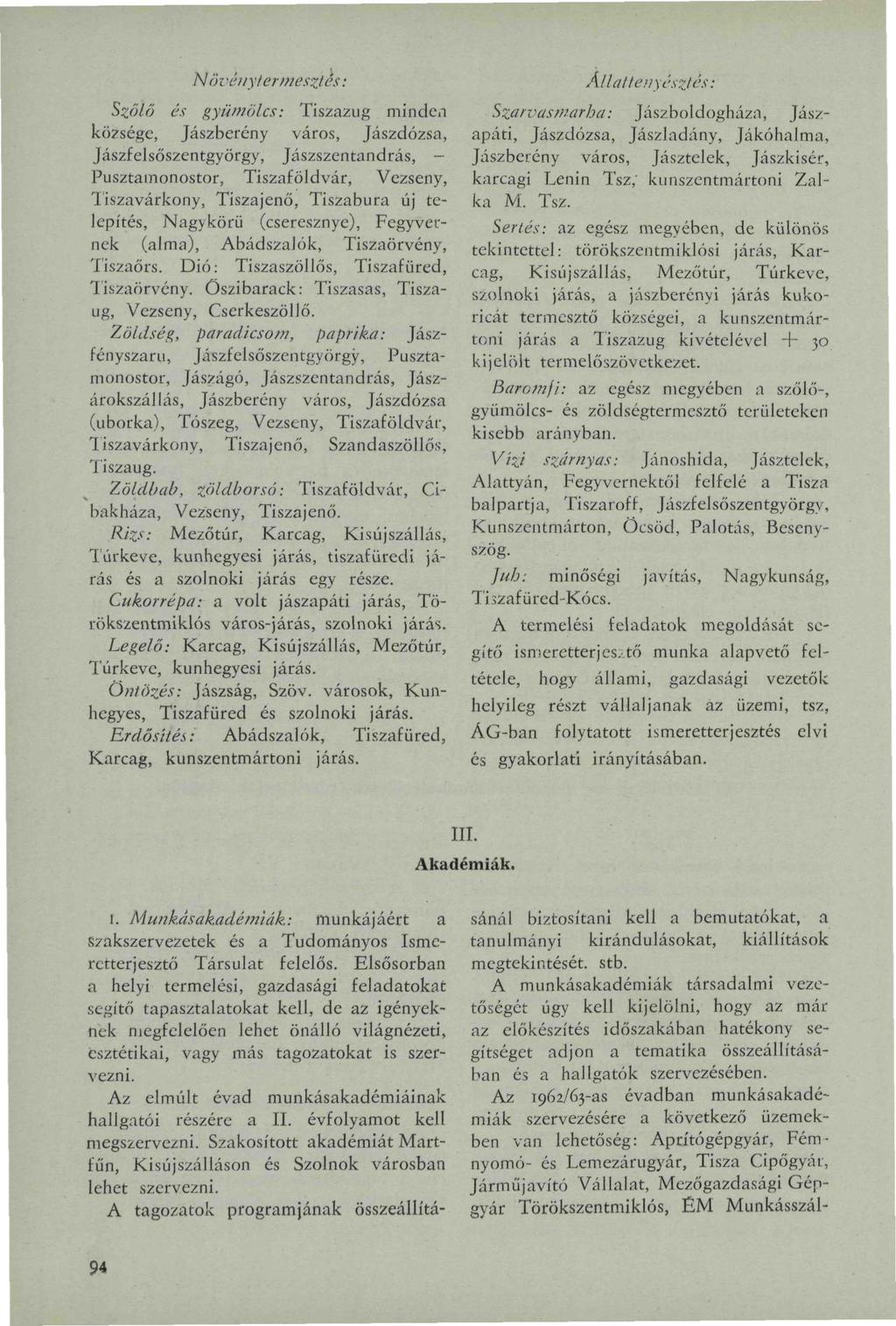 Növénytermesztés: Sző/ő és gyümölcs: Tiszazug minden községe, Jászberény város, Jászdózsa, Jászfelsőszentgyörgy, Jászszentandrás, - Pusztamonostor, Tiszaföldvár, Vezseny, Tiszavárkony, Tiszajenő,