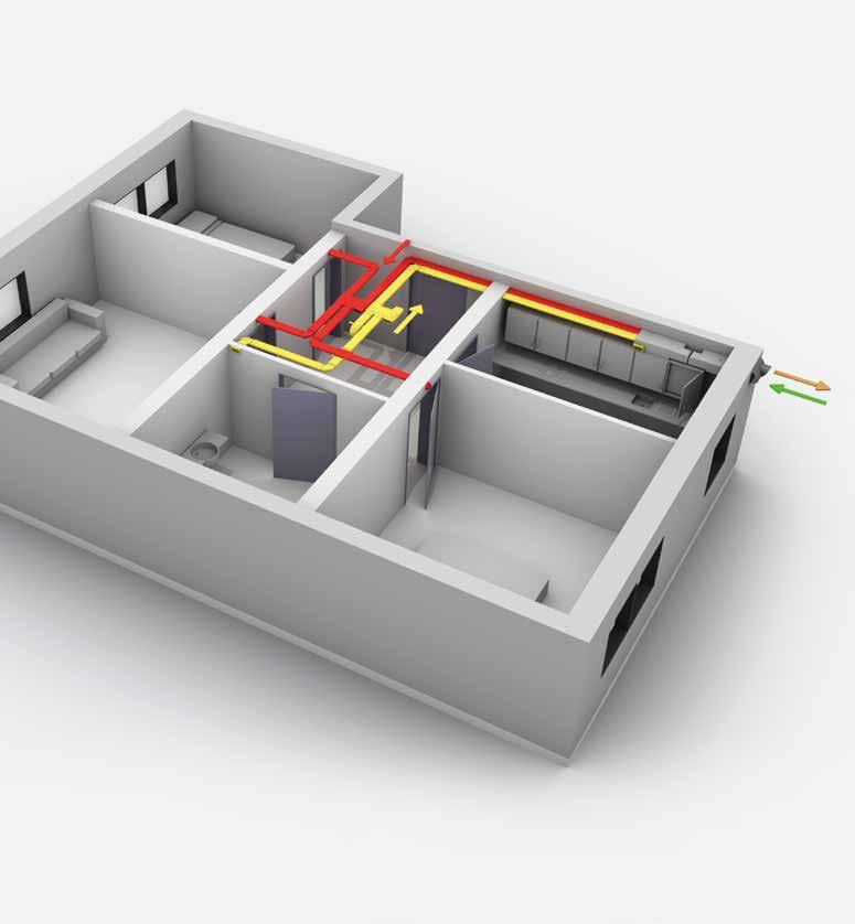 PÉLDA 4 Lakásfelújítás, 80 m2. Az alábbi példán látható lakásfelújítás során az volt a cél, hogy minél kevesebb átalakítással lehessen szellőztető rendszert beépíteni.