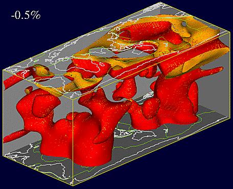 A 3 d view of a mercator projection of the mantle, with blue surfaces