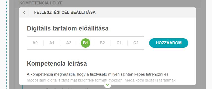 A kulcsszó szerinti keresés a felső mezőben megjeleníti azokat a kompetenciákat, melyekben a keresett szó előfordul.