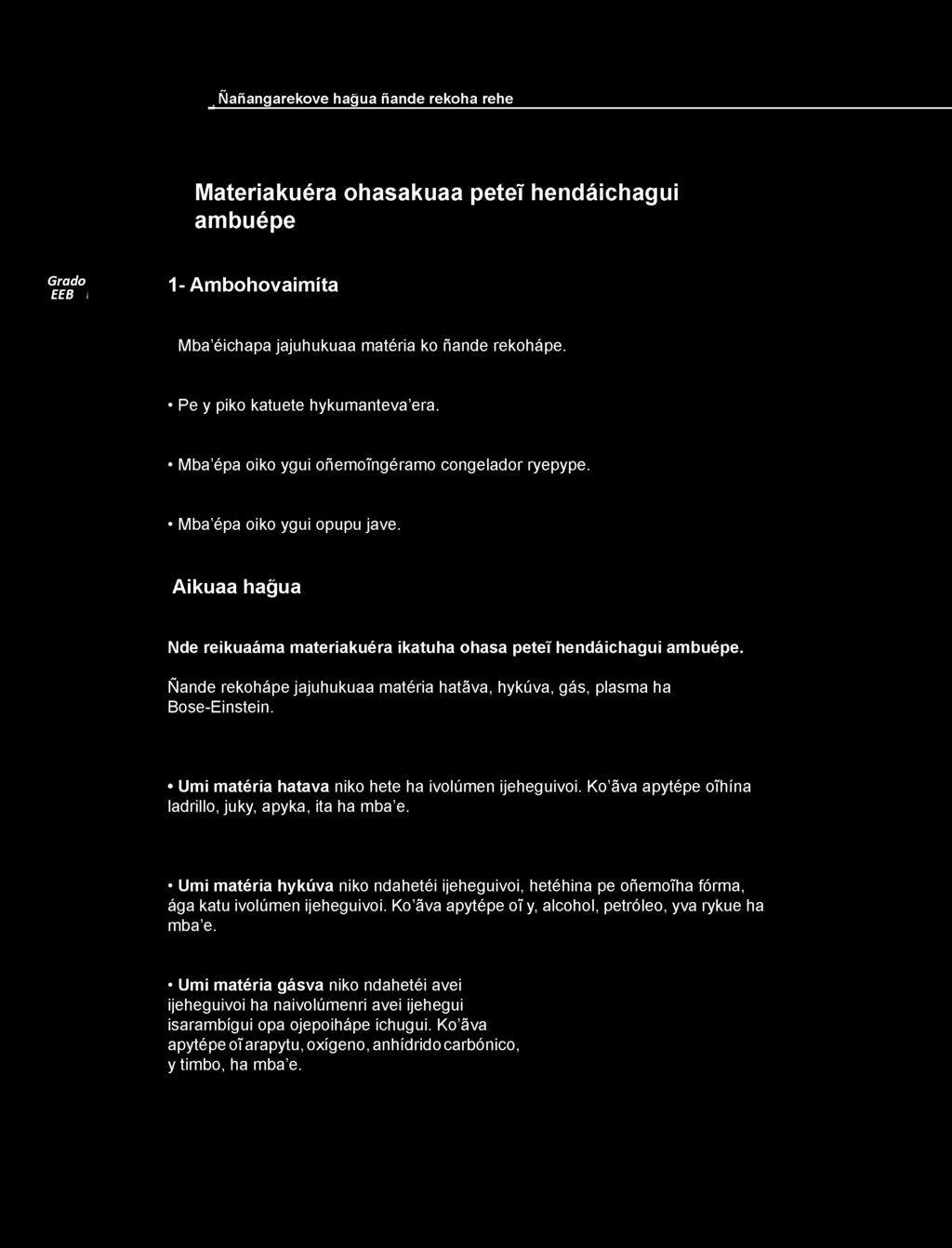 Ñande rekohápe jajuhukuaa matèria hatava, hykúva, gás, plasma ha Bose-Einstein.