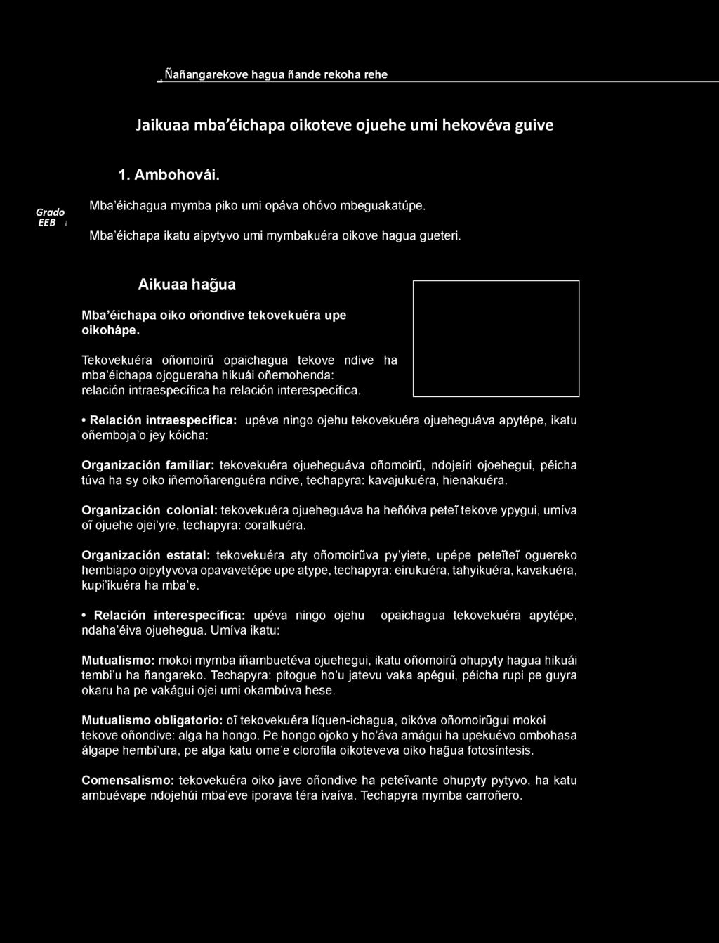 Tekovekuéra oñomoirü opaichagua tekove ndive ha mba éichapa ojogueraha hikuái oñemohenda: relación intraespecífica ha relación interespecífica.