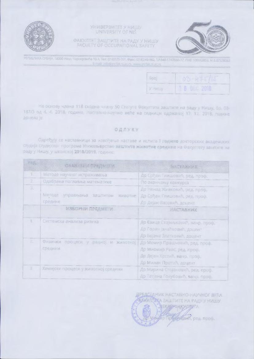 YHV1BEP3V1TET Y HV1WY UNIVERSITY OF NIS <PAKYJlTET 3AWTV1TE HA PA/J,Y Y HVlWY FACULTY OF OCCUPATIONAL SAFETY PErlY5JlV1KA CP5V1JA, 18000 H111 w, YapHoj es111lia 10 A, Te11: (018)529-701, CDaKc: