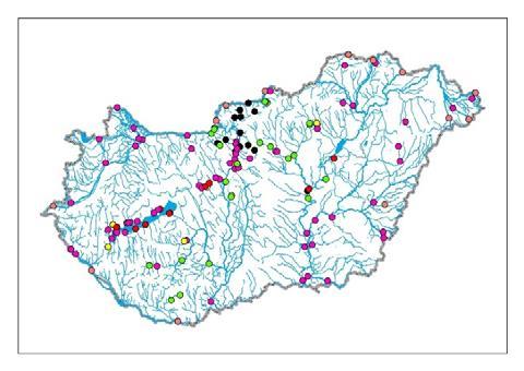 Sampling sites in Hungary, 2016: 1: Survey monitoring; 2: Periodic monitoring; 3: Natural