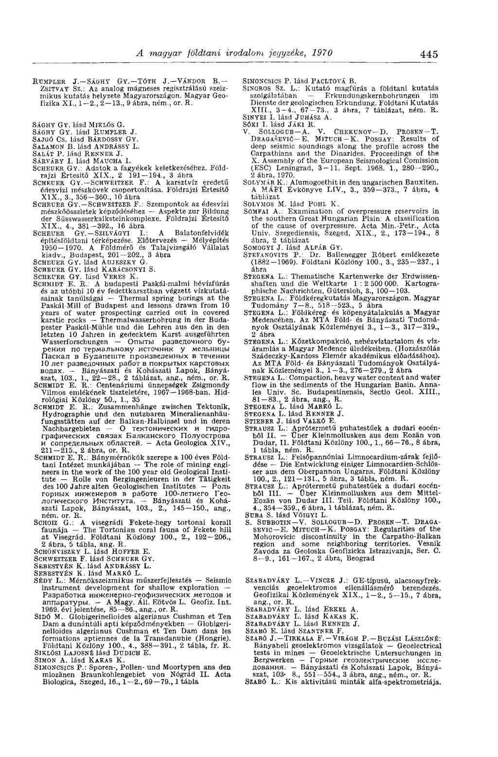 A magyar földtani irodalom jegyzéke, 1970 445 RUMPLER J. SÁGHY GY. TÓTH J. VÁNDOR В. ZSITVAY Sz.: Az analog mágneses regisztrálású szeizmikus kutatás helyzete Magyarországon. Magyar Geofizika XI.