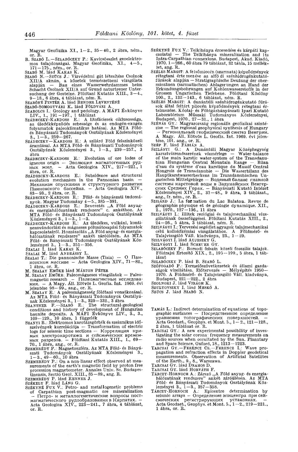 446 Földtani Közlöny, 101. kötet, 4. füzet Magyar Geofizika XI., 1 2., 35-40., 2 ábra, ném., or. JA. B. SZABÓ L. SZLABÓCZKY P.: Kavicsösszlet geoelektromos tulajdonságai. Magyar Geofizika, XI., 4 5.