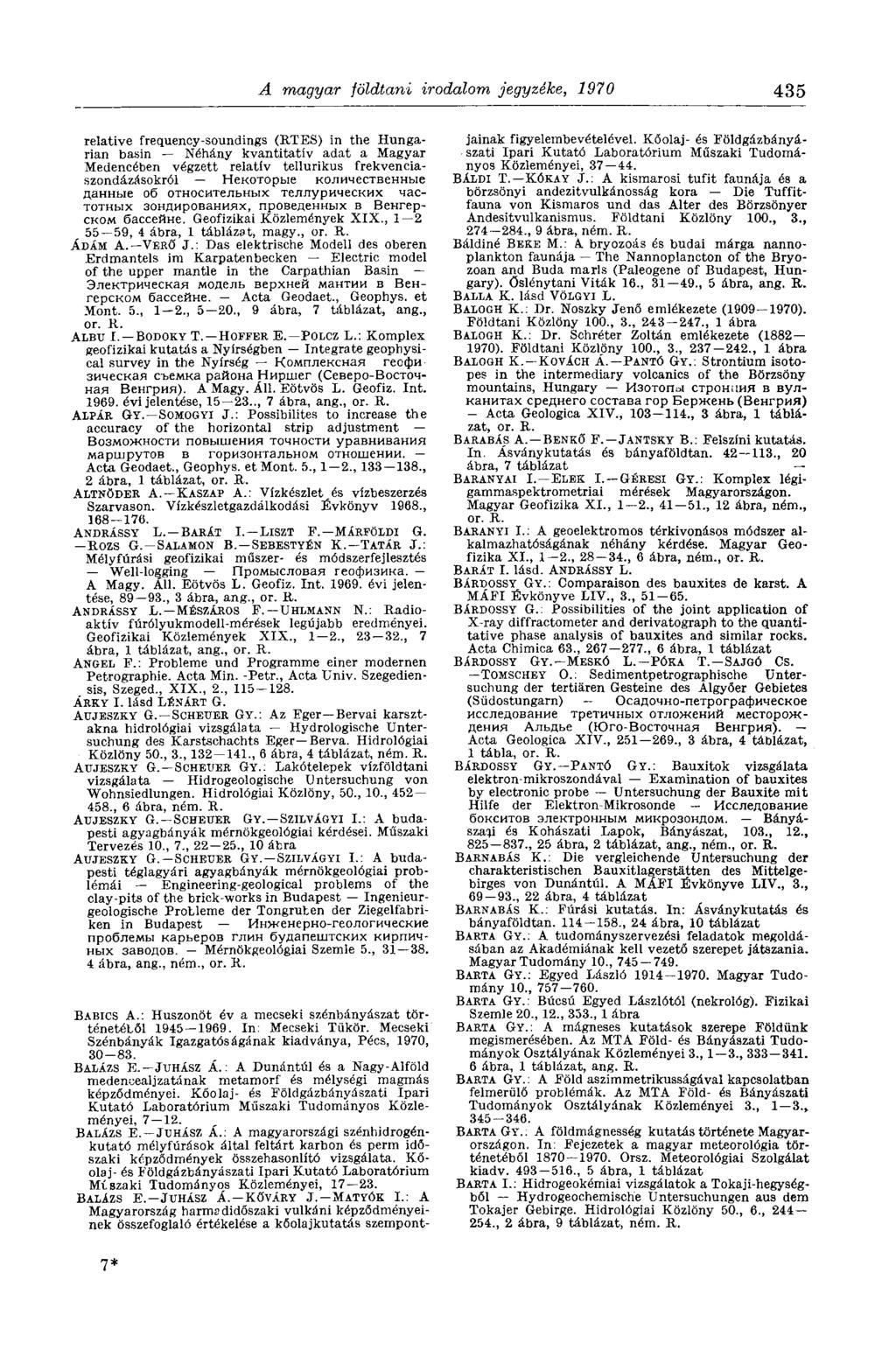 A magyar földtani irodalom jegyzéke, 1970 435 relative frequency-soundings (RTES) in the Hungarian basin Néhány kvantitatív adat a Magyar Medencében végzett relatív tellurikus