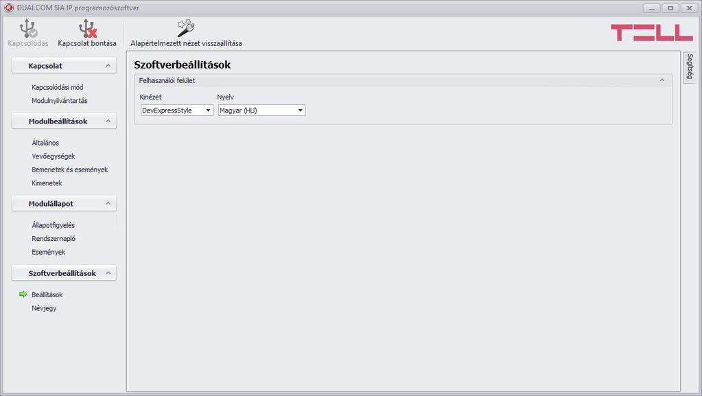 5.7 Szoftverbeállítások A szoftverbeállításokban módosítható a felület kinézete, nyelve, valamint egyedi színtémák konfigurálhatóak az egyes beállításokhoz és modulállapotokhoz. 5.7.1 Beállítások Az Alapértelmezett nézet visszaállítása felület kinézete a gyári alapbeállításra.
