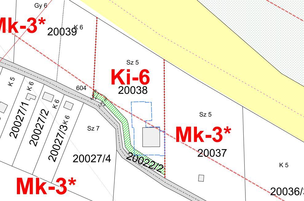 VÁC TELEPÍTÉSI TANULMÁNYTERV 13 A szabályozási tervlap módosításának tervezete (F2 jelű szelvény) A 20038 hrsz-ú telek a Ki-6 jelű új építési övezetbe kerül besorolásra, amelynek építési paraméterei