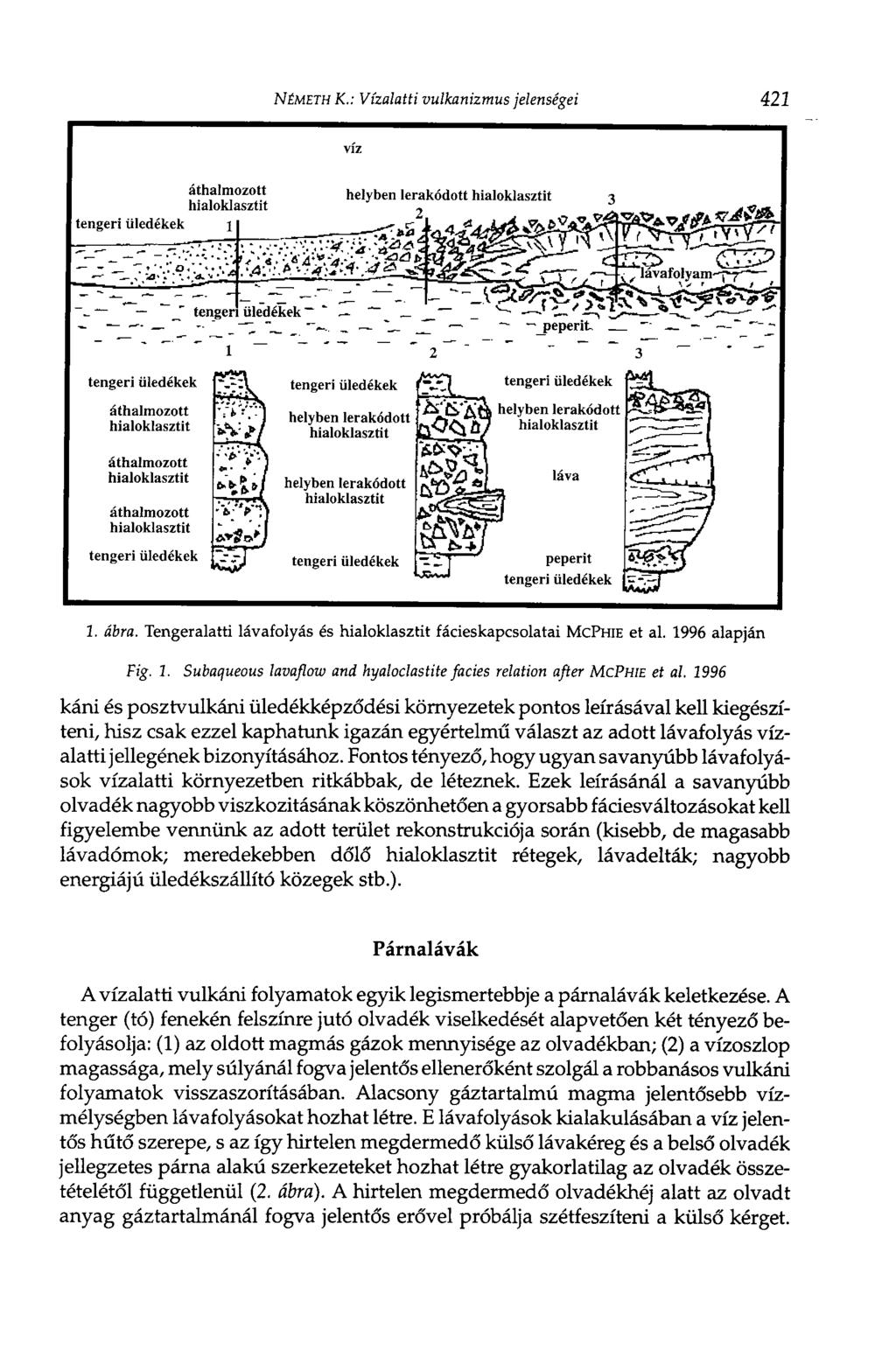 NÉMETH К.: Vízalatti vulkanizmus jelenségei 421 1. ábra. Tengeralatti lávafolyás és hialoklasztit fácieskapcsolatai МсРнш et al. 1996 alapján Fig. 1. Subaqueous lavaflow and hyaloclastite facies relation after MCPHIE et al.
