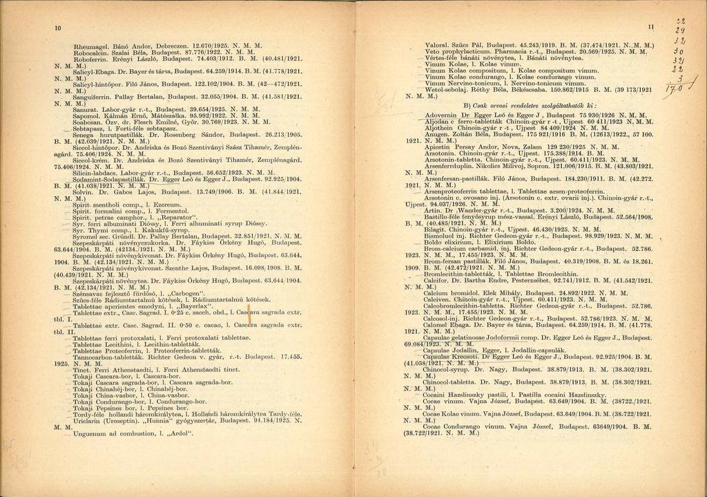 10 Rlw umagel. Bánó Andor, D ebreczen. l 2.670/ 1925. N. l\'l M. Robocalcin. Szalai Béla, Budapest. 87.776/ 1922. N. M. lvl. Roboferrin. Erényi László, Budapest. 74.403/ 1912. B. M. (40.481/ 1921- N.